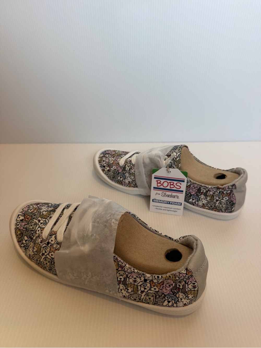 Skechers BOBS Women’s Puppy Print Slip-On Sneakers in Gray and Multicolor